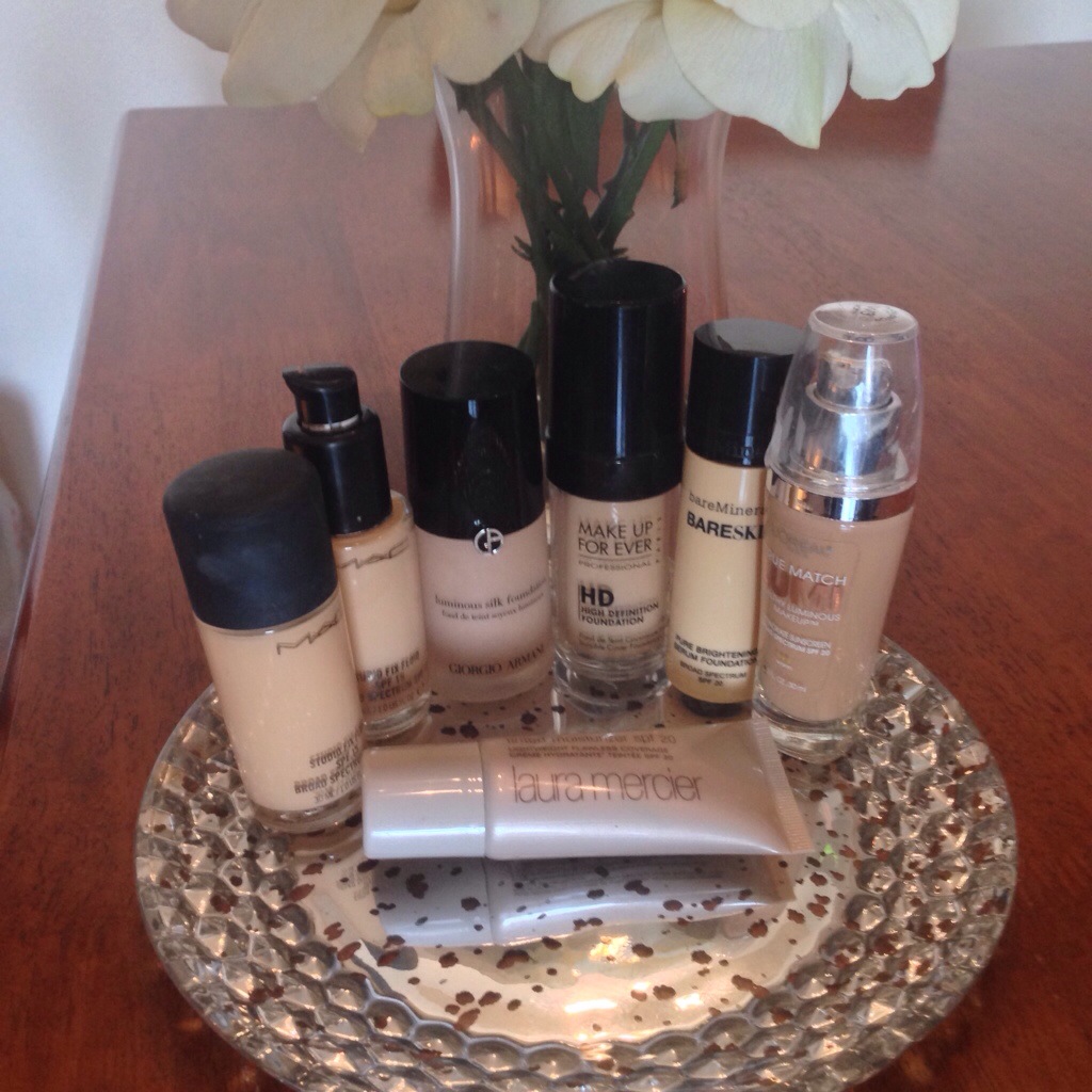 My foundation collection - MAC Studio Fix Fluid, Giorgio Armani Luminous Silk, Make Up For Ever HD Foundation, bareMinerals Bareskin, L'Oreal True Match Lumi, Laura Mercier tinted moisturizer