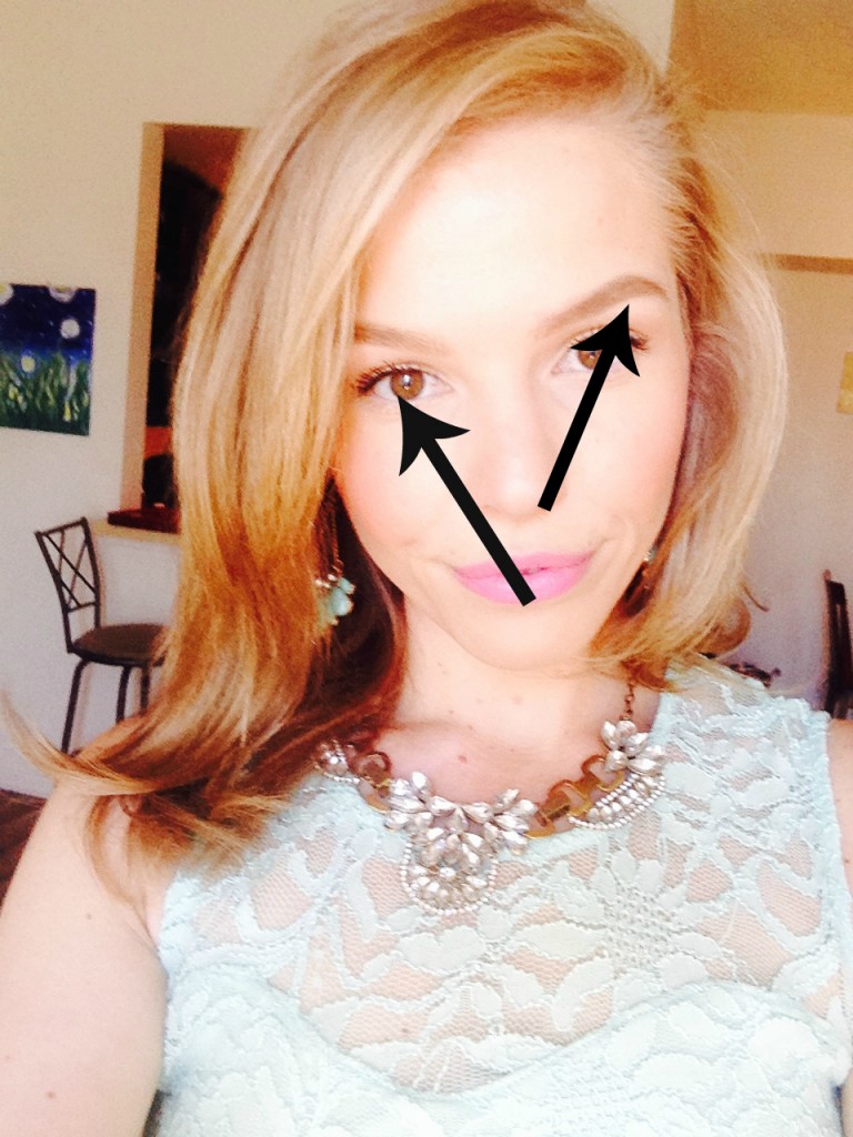 These arrows are pointing to where the arch in your eyebrow (the highest point) should go. On the left I moved the arrow down so you can see what part of my eye I'm lining it up with and if you continued that line that is where my arch would go.