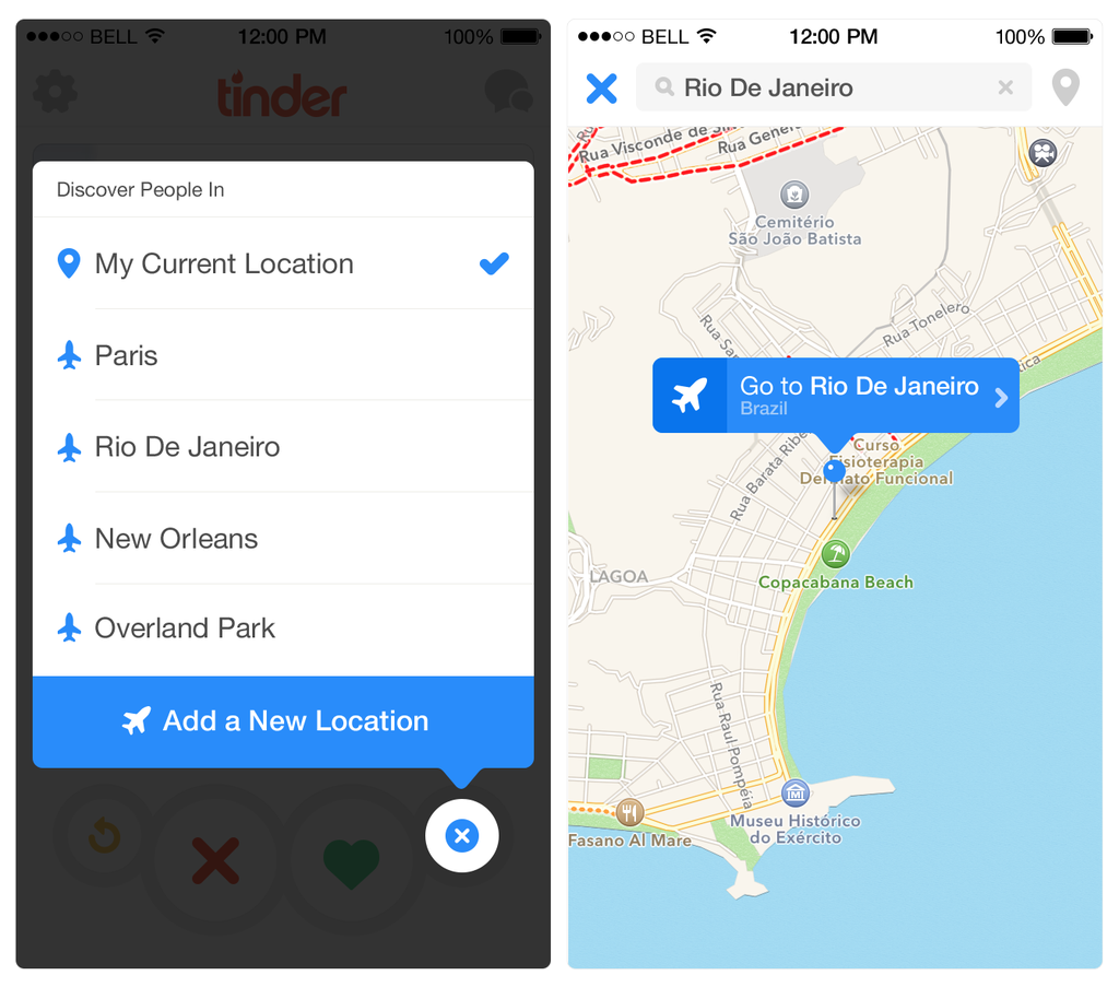 New Tinder Plus feature- choose your location. Picture from @tinder Twitter