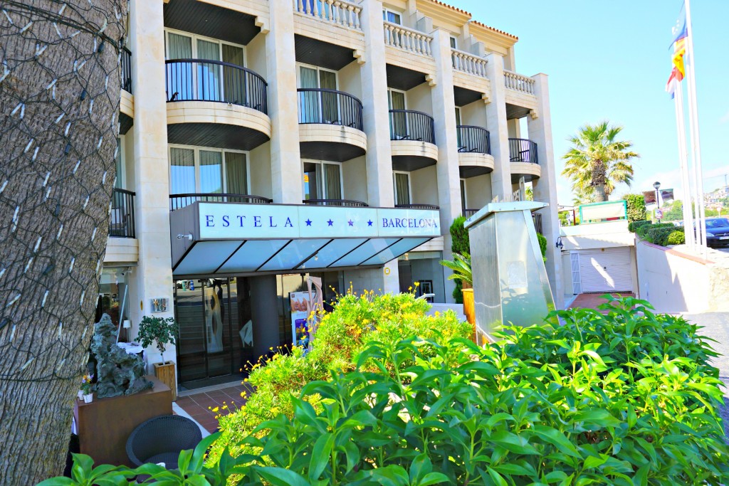 A closer look at the front of the Hotel Estela in Sitges just outside of Barcelona, Spain. It's a 4 star hotel. 