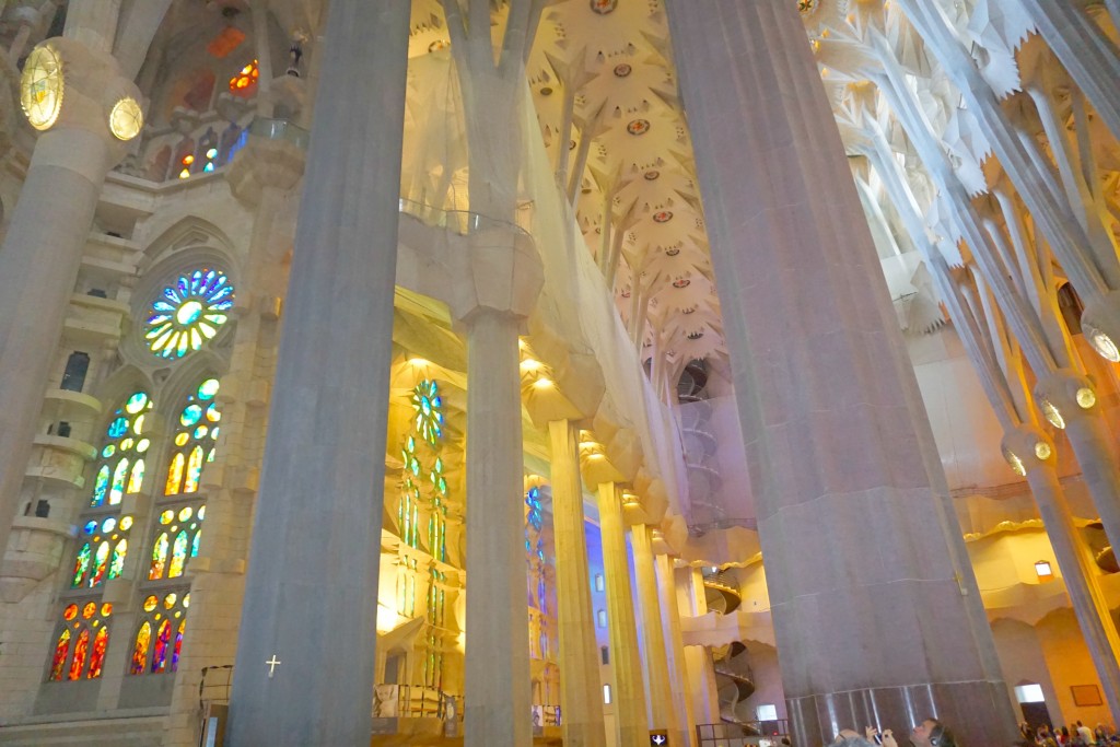 The inside of La Sagadra Familia in Barcelona Spain