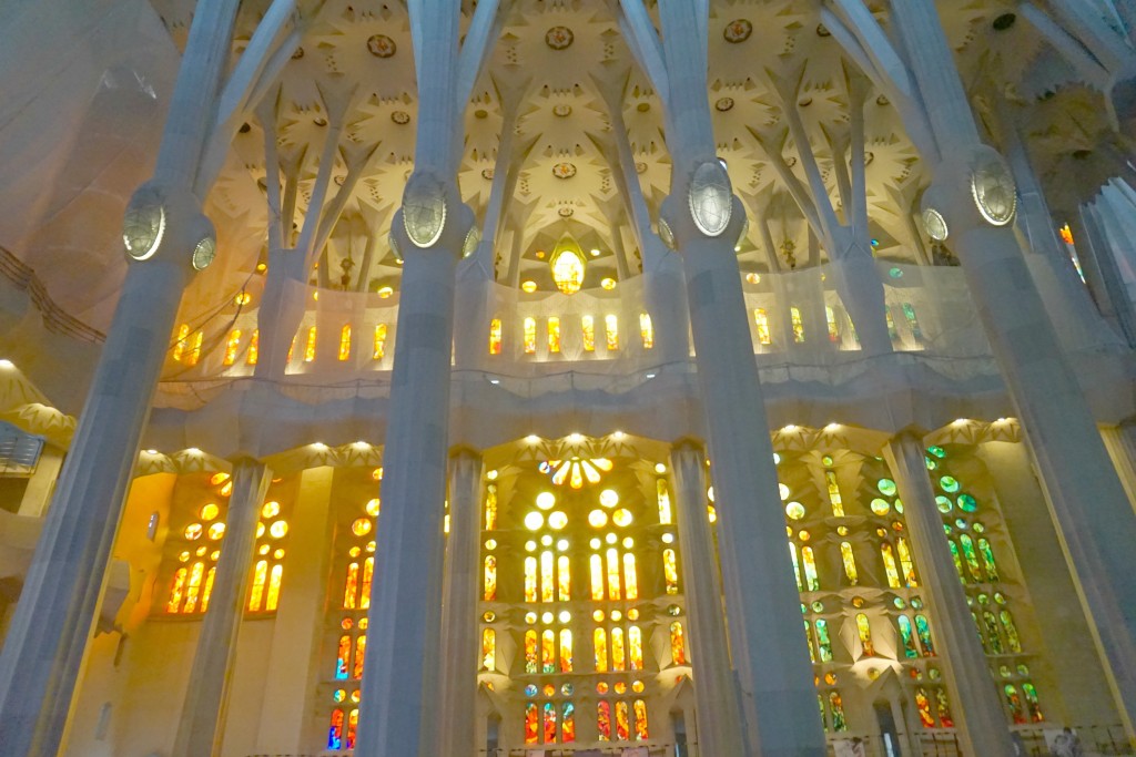 The inside of La Sagadra Familia in Barcelona Spain