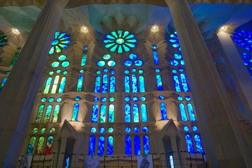 The inside of La Sagadra Familia in Barcelona Spain