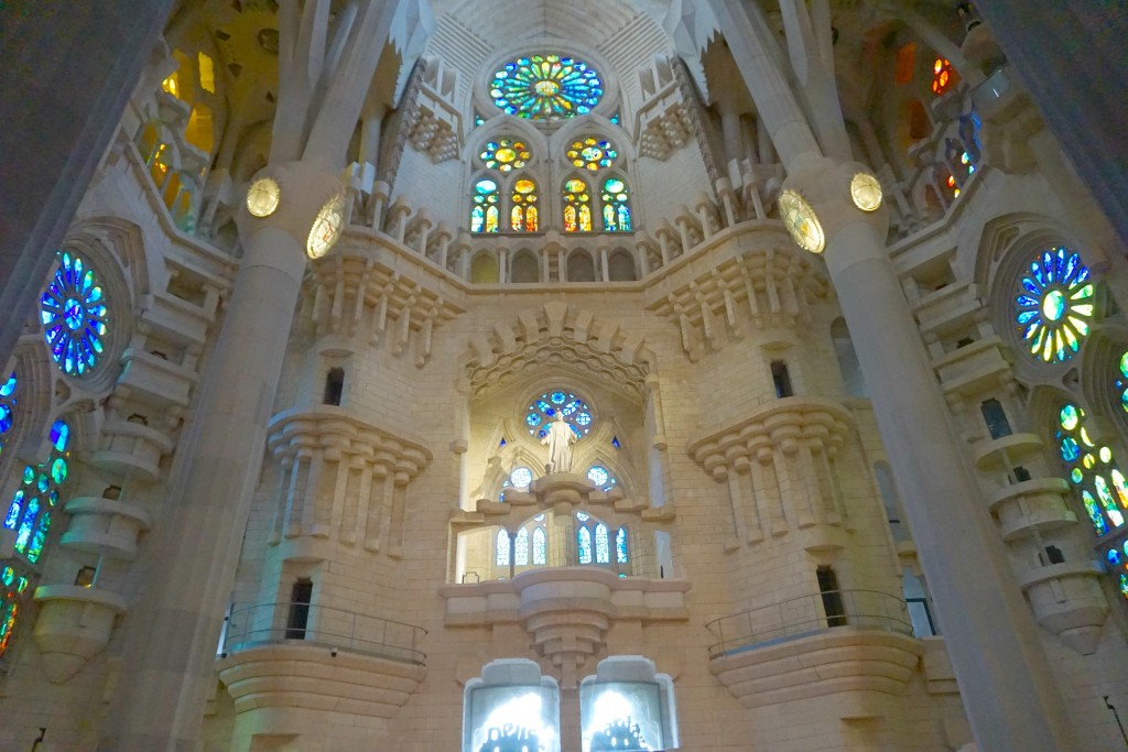 The inside of La Sagadra Familia in Barcelona Spain