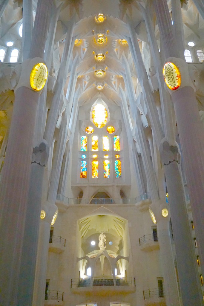 The inside of La Sagadra Familia in Barcelona Spain