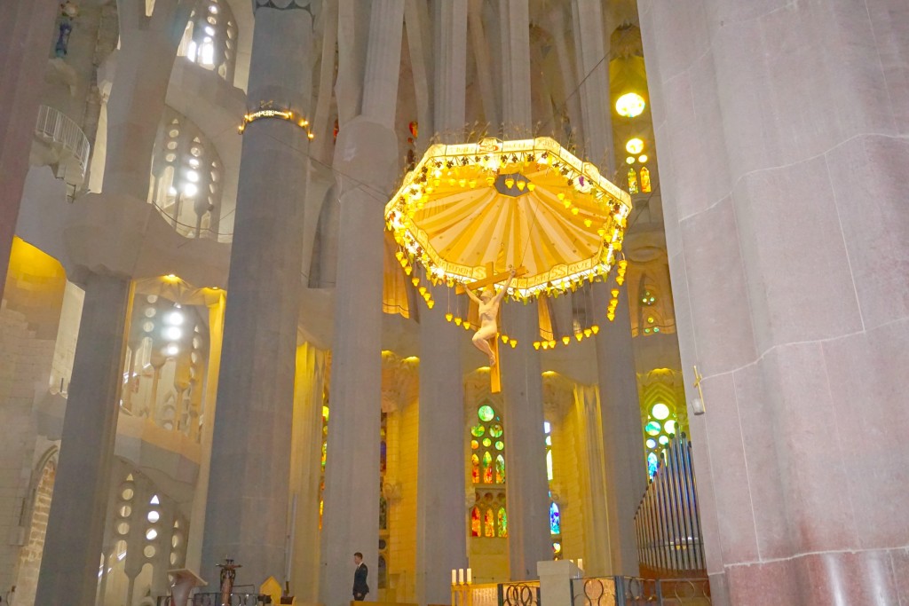 The inside of La Sagadra Familia in Barcelona Spain