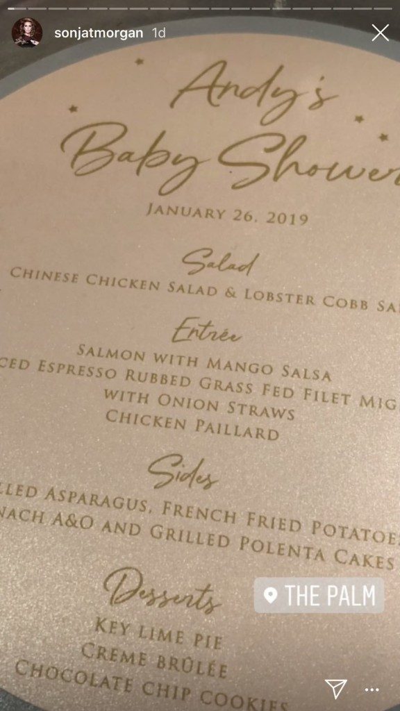 Andy Cohens Baby Shower menu at The Palm in Beverly Hills posted by Sonja Morgan