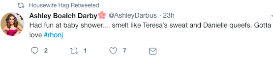 Ashley Boalch Darbys tweet about Andy Cohen's baby shower smelling like Teresa's sweat and Danielle queefs