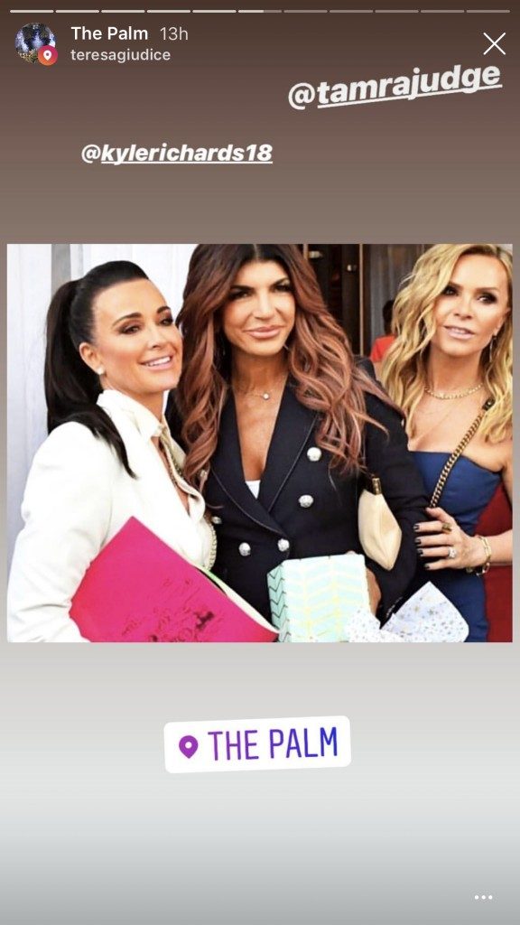 Kyle Richards, Teresa Giudice, and Tamra Judge at The Palm in Beverly Hills for Andy Cohen's baby shower