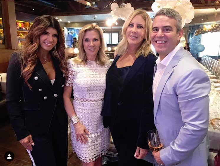 OG Real Housewives Teresa Giudice, Ramona Singer, Vicki Gunvalson, and Andy Cohen at Andy Cohen's baby shower