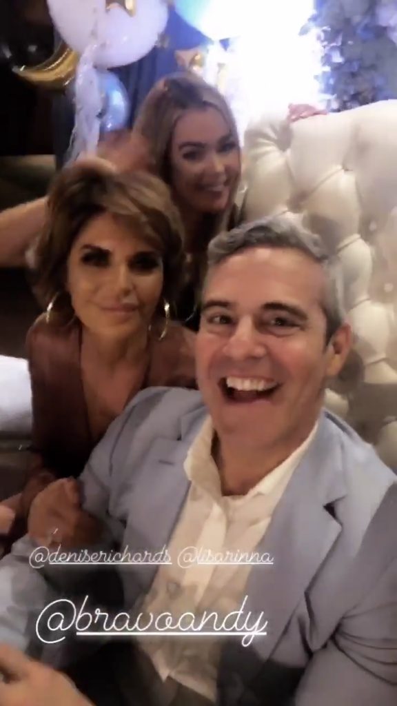 Screenshot of new housewife Denise Richards, Lisa Rinna and Andy Cohen at his baby shower at The Palm in Beverly Hills