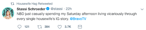 Stassi Schroeder tweet about watching Andy Cohens baby shower on IG stories