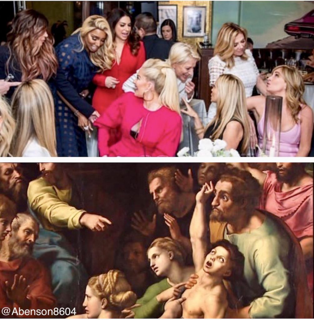 Meme comparing this painting to a scene from Andy Cohen's baby shower. By @abenson8604