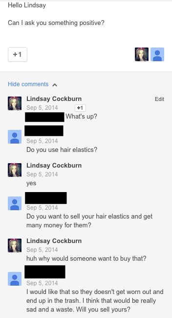 YouTube conversation where this guy thinks that I'm in this video and he is trying to buy my hair elastics.