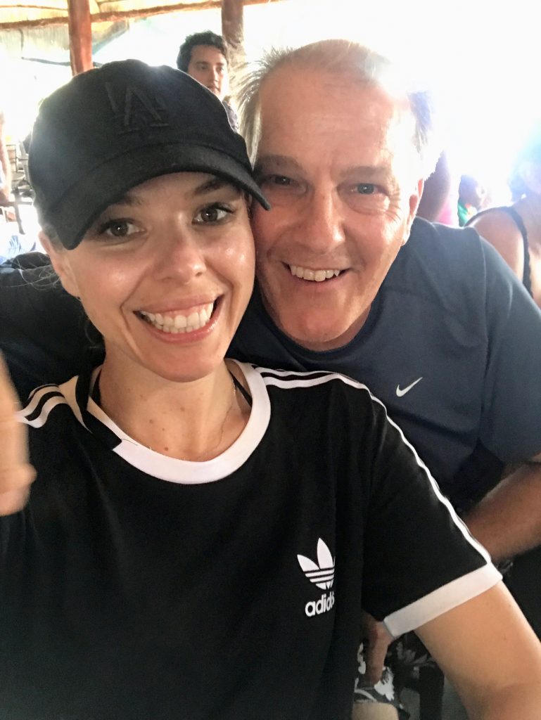 me and dad having lunch at El Timon in San Juan Del Sur Nicaragua in my Adidas 3 Stripe Shirt