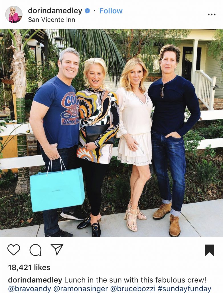 Andy Cohen, Dorinda Medley, Ramona Singer, and Bruce Bozzi at the San Vicente Inn