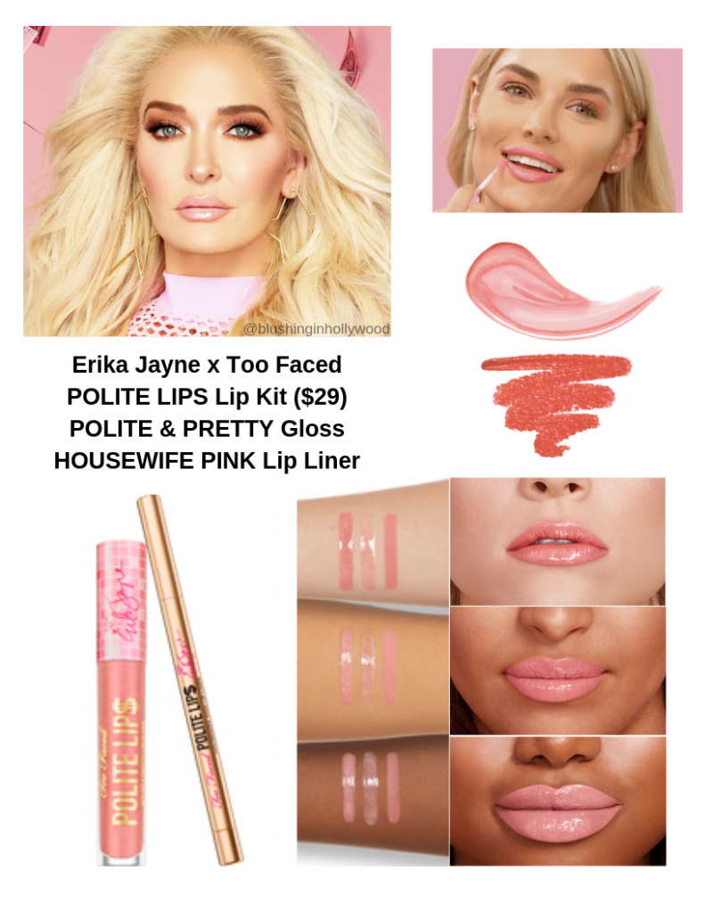 Erika Jayne x Too Faced POLITE LIPS Lip Kit ($29) POLITE & PRETTY Gloss HOUSEWIFE PINK Lip Liner