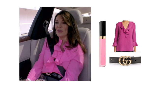 Lisa Vanderpump’s Pink Ruffle Top and Gucci Belt Look