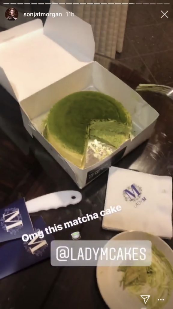 Sonja Morgan enjoying a Lady M Cakes Matcha Cake in Los Angeles