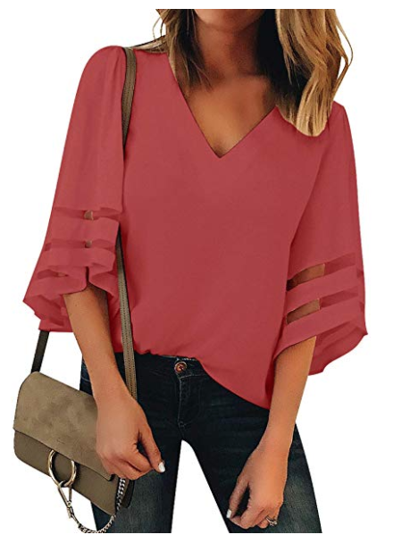 3:4 Sleeve Loose V Neck Top with Mesh Stripes on Sleeves in Tea Rose