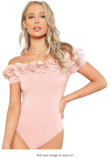 Blush Pink Off the Shoulder Bodysut with 3D Flower Applique from Amazon Fashion