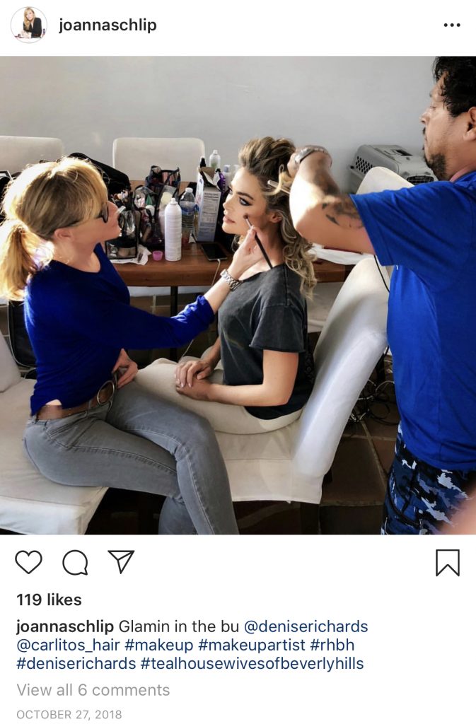 Denise Richards makeup artist Joanna Schlip and hairstylist Carlitos_Hair create her Real Housewives of Beverly Hills confessional and interview looks. Can you spot the large Evian Water Facial Spray on the table? Photo: @joannaschlip in Instagram