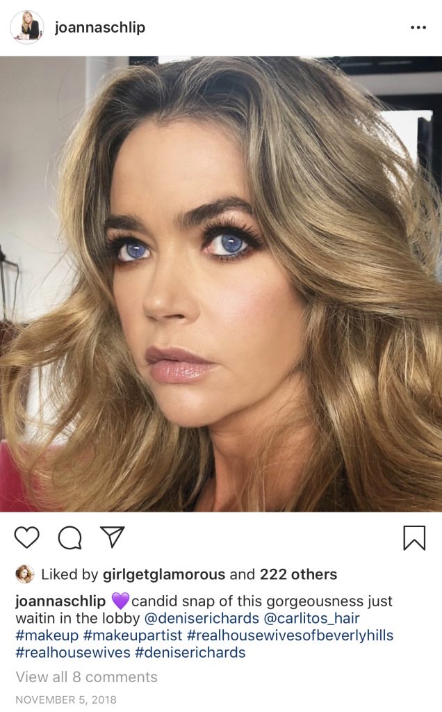 Denise Richards makeup artist Joanna Schlip posts a close up of Denise's makeup and hair on her Instagram @joannaschlip