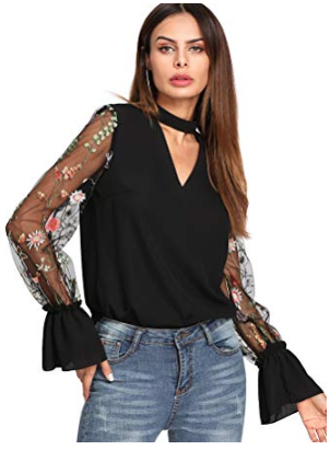 Floral Embroidered Mesh Bell Sleeved Black Top With Choker Neck Blouse