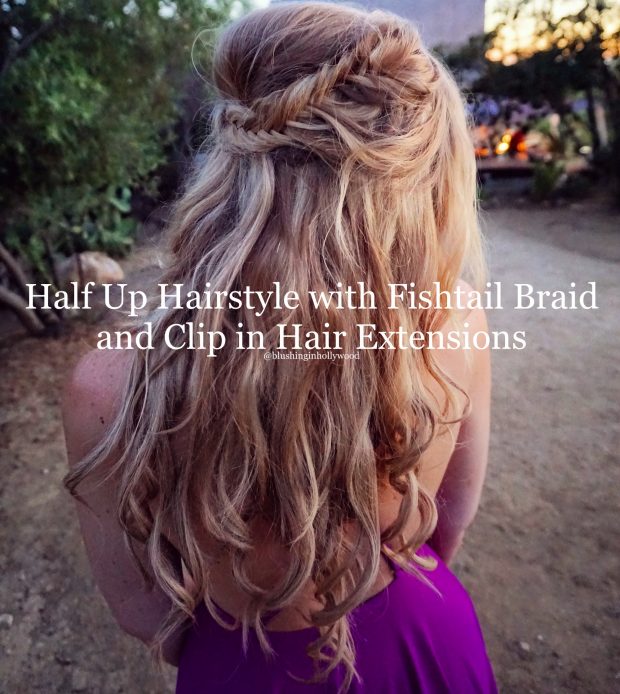 Half up hairstyle with fishtail braid loose curls and hair extensions header