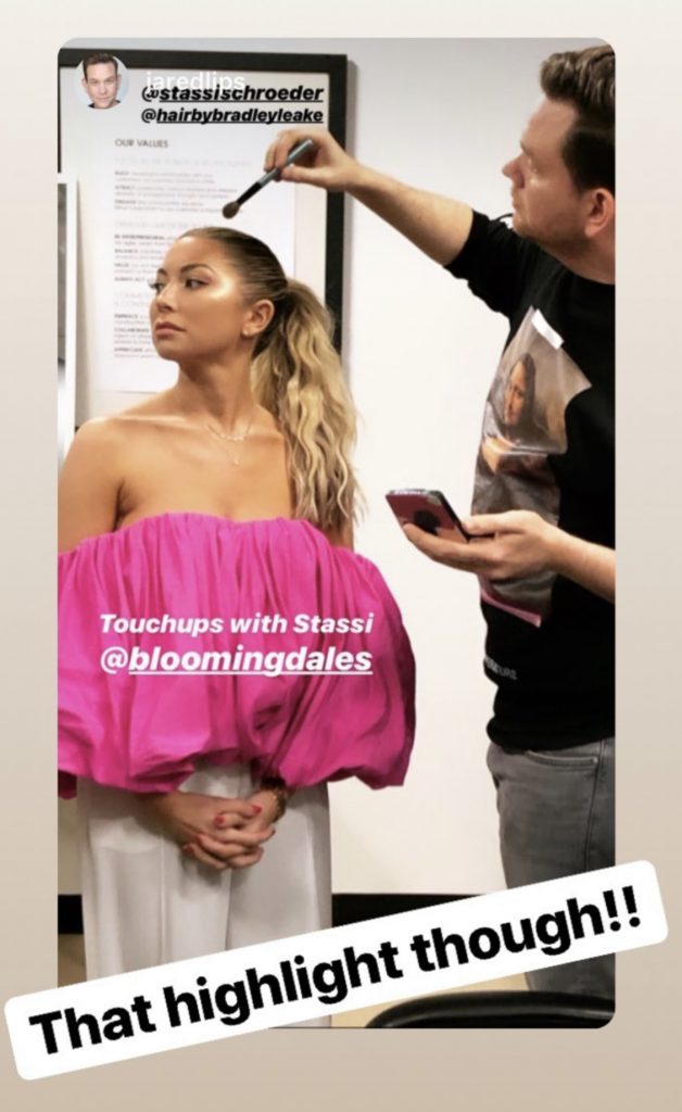 Jared Lipscombe applying more Japonesque Powder in Shade 3 to touch up Stassi Schroeder's makeup at a Next Level Basic book tour appearance at Bloomingdales at the Beverly Center Photo: @stassischroeder and @jaredlips on Instagram