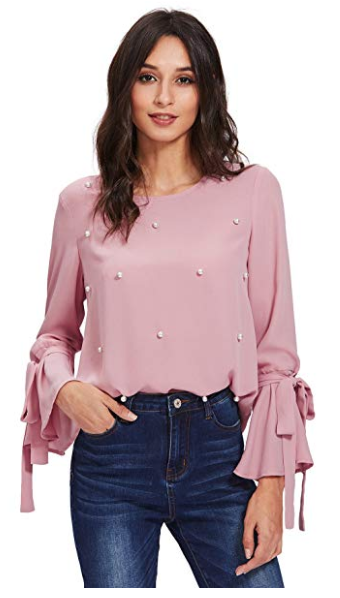 Long Bell Tie Sleeve Blush Pink Top with Pearls