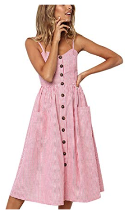 Pink and White Stripe Seerksucker Button Down Spaghetti Strap Midi Dress with Sweetheart Neckline in Light Pink