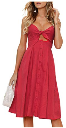 Tie Front Backless Spaghetti Strap Solid Casual A Line Party Dress in Red