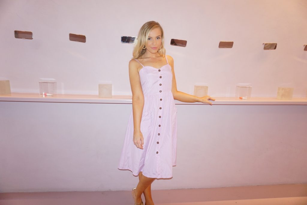 Wearing pink and white striped seersucker button down midi dress with spaghetti straps and sweatheart neckline from Amazon Fashion at Glossier Store in WeHo