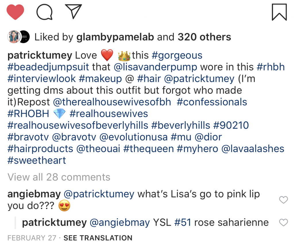 @patricktumey letting us all know Lisa Vanderpump's signature pink lipstick color YSL 51 Rose Saharienne