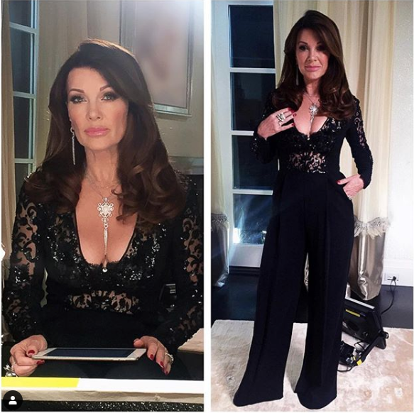 Lisa Vanderpump from Real Housewives of Beverly Hills in her black lace jump suit wearing her signature pink lipstick YSL 51 Rose Saharienne Photo: @patricktumey on Instagram