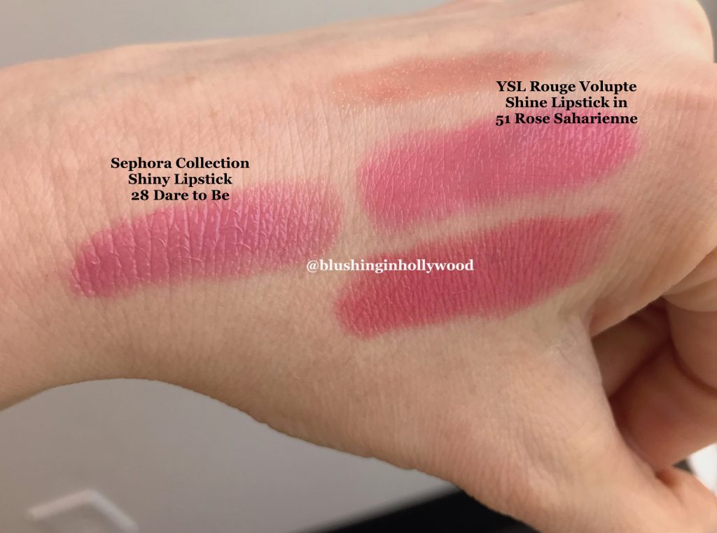 Swatches of Sephora Collection Rouge Lacquer Lipstick in 28 Dare to Be vs YSL Rouge Volupte Lipstick in 51 Rose Saharienne in natural light, this is such a close dupe!