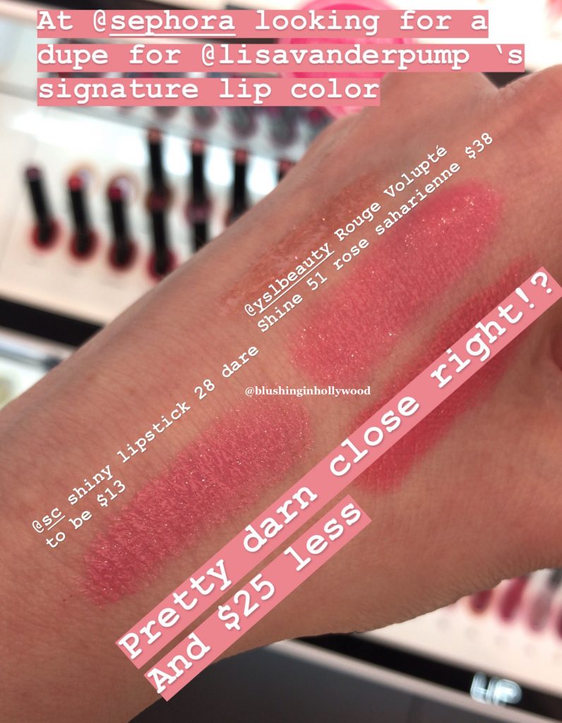 Swatches of Sephora Collection Rouge Lacquer Lipstick 28 Dare to Be and YSL Rouge Volupte Shine 51 Rose Saharienne