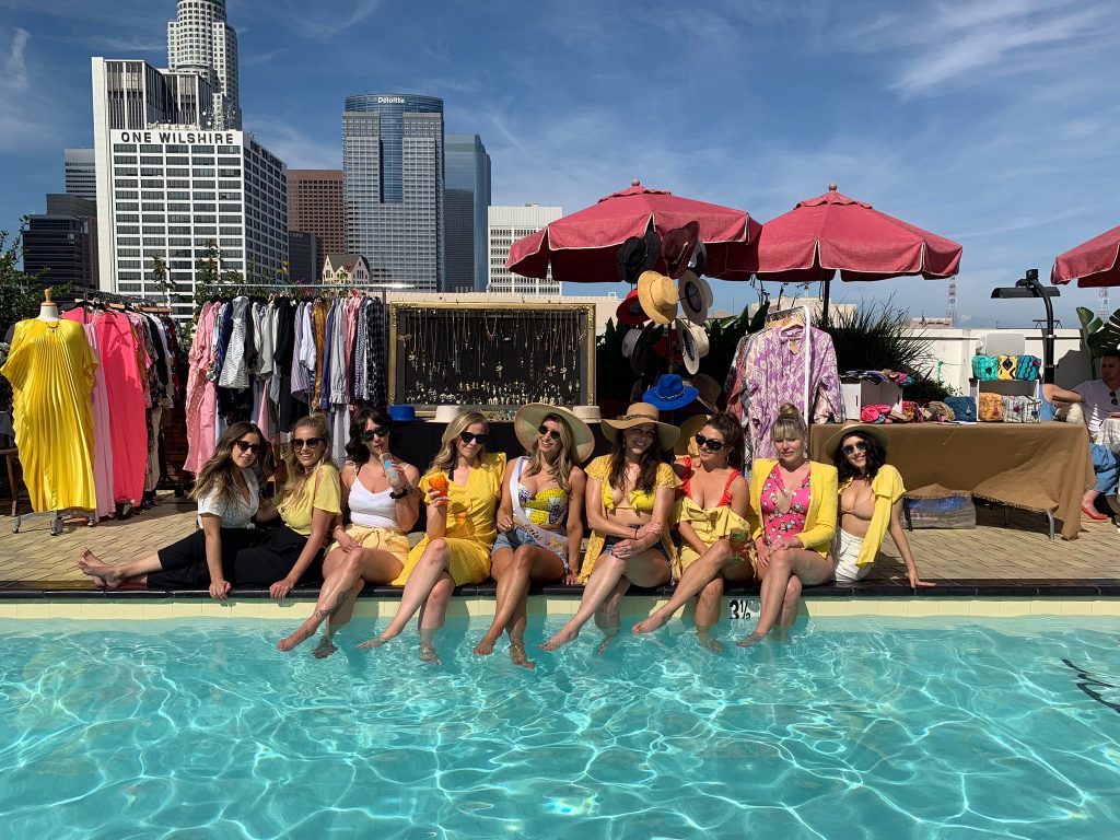 All the girls in yellow at Jessica's bachelorette party at The Freehand in DTLA