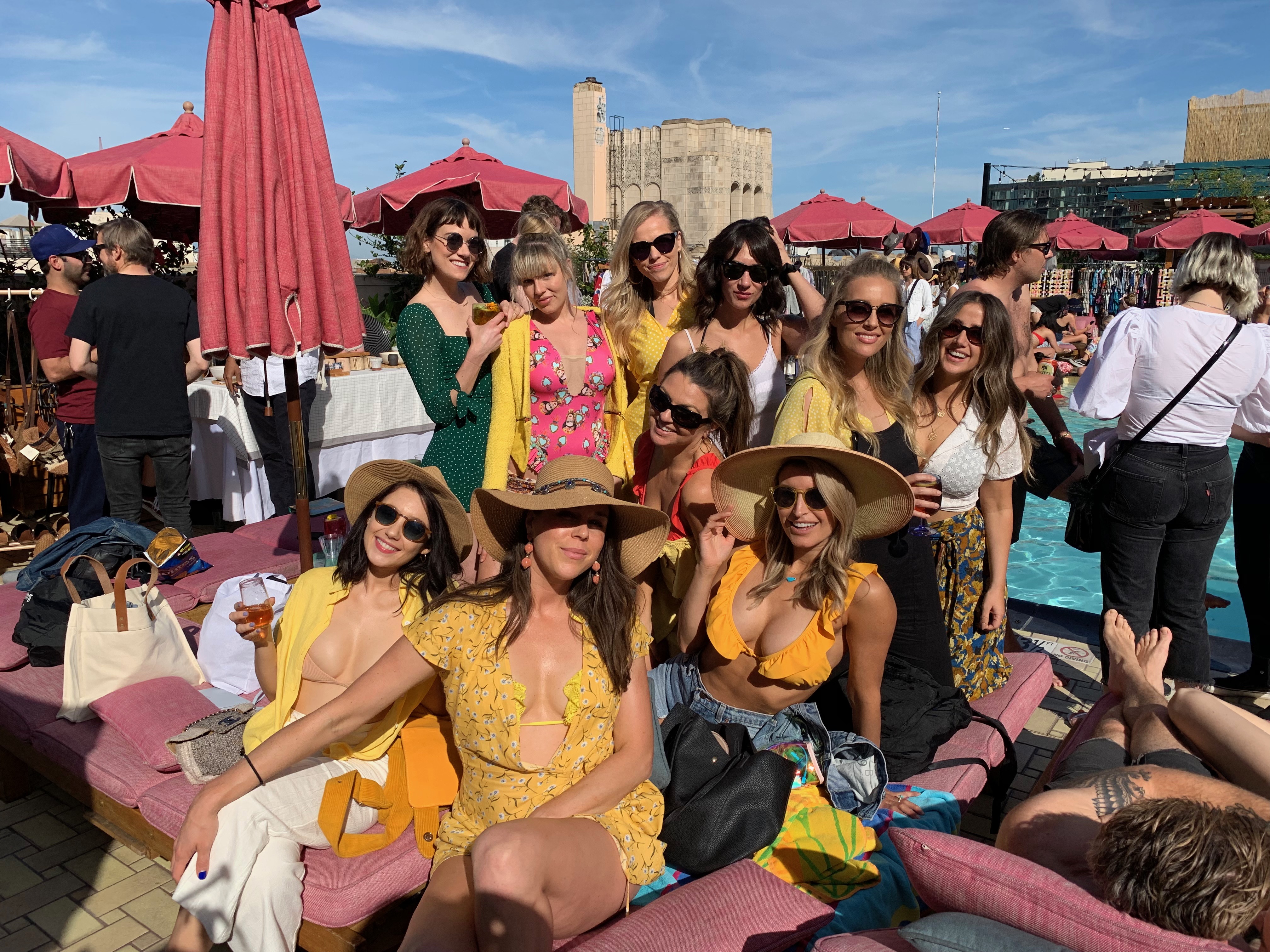 Group shot of the bachelorette party at The Freehand Hotel DTLA Rooftop