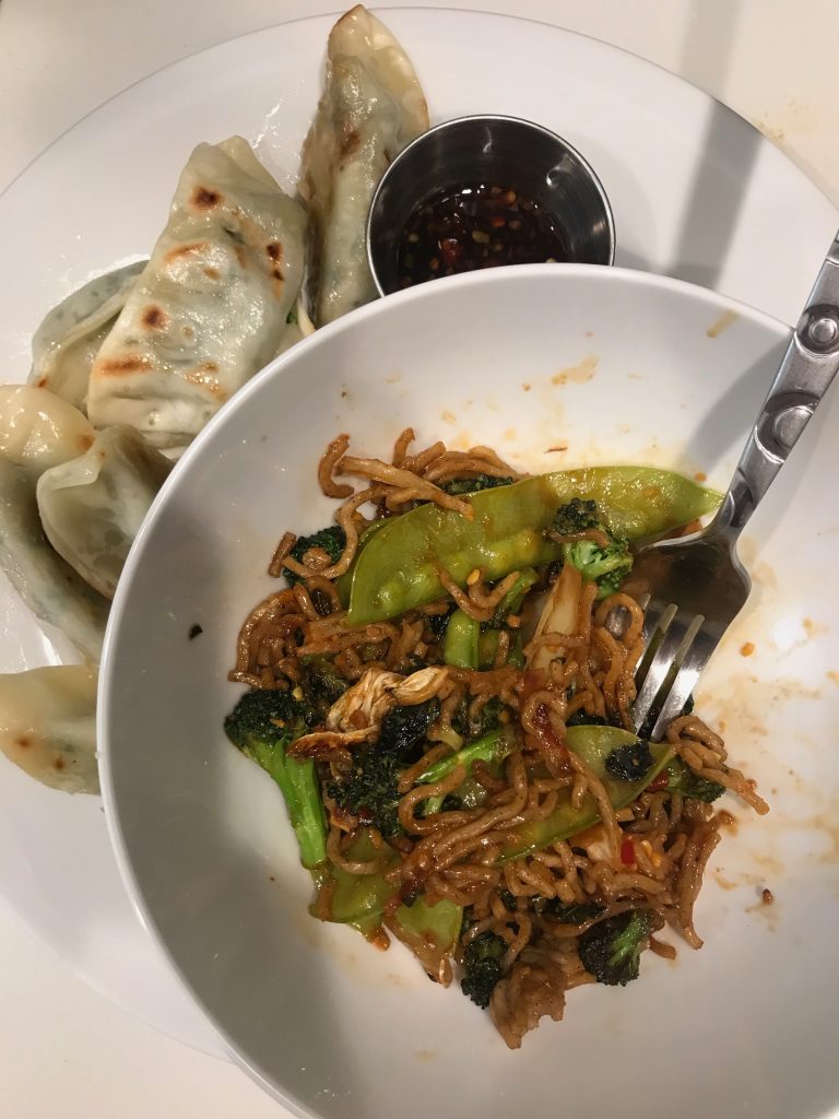 Trader Joe's frozen vegetable gyozas and vegetable and soba noodle stir fry