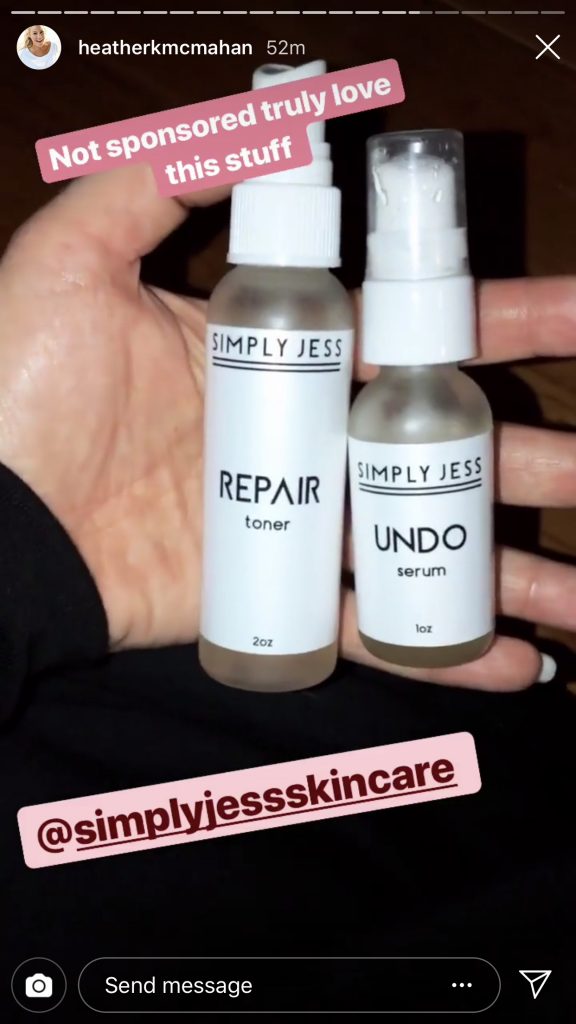 Heather McMahan posted about loving Simply Jess skincare repair toner and undo serum and posted about it on her instagram