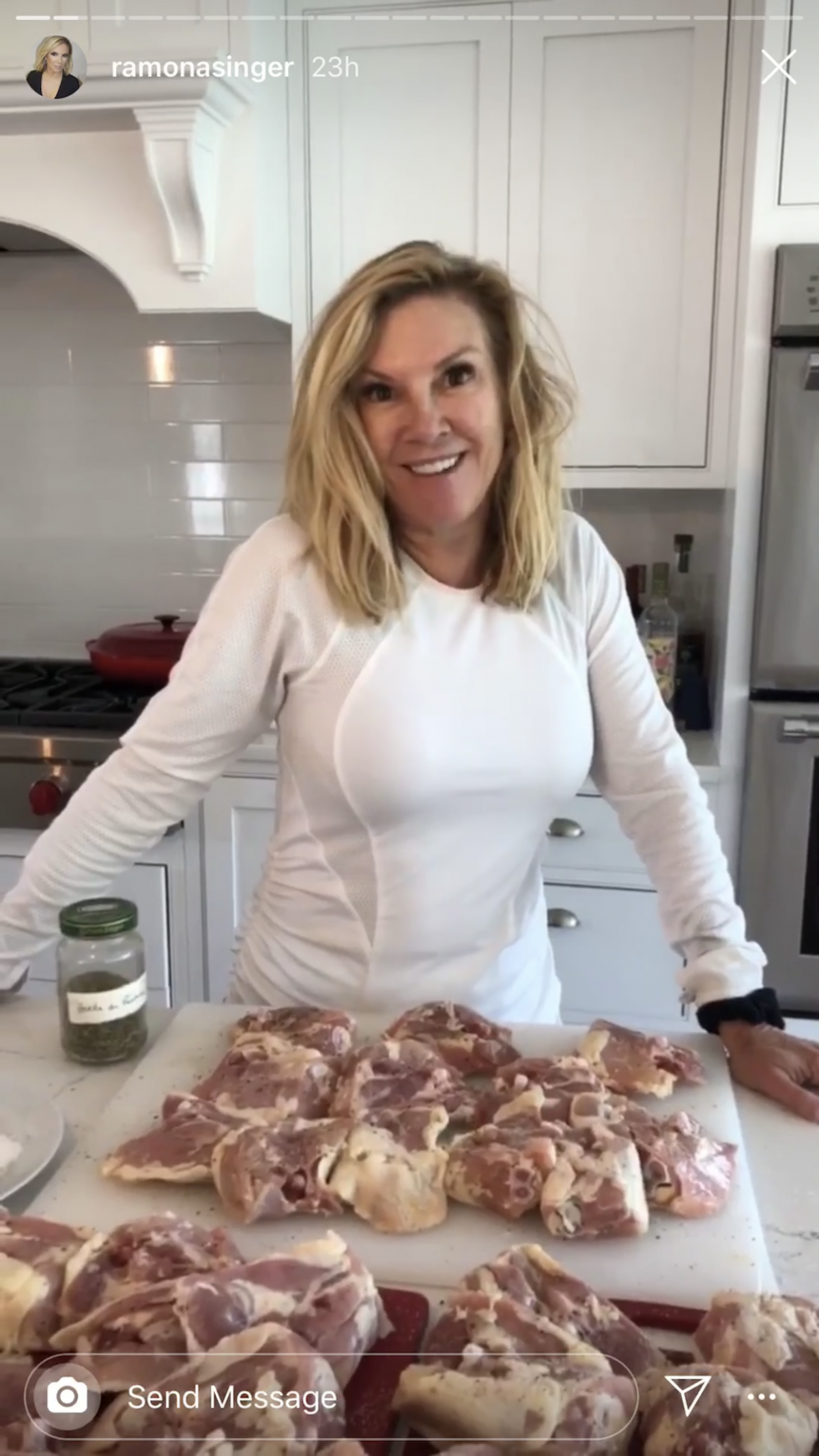 Ramona Singer making a chicken recipe on her instagram Chicken Herb de Provence