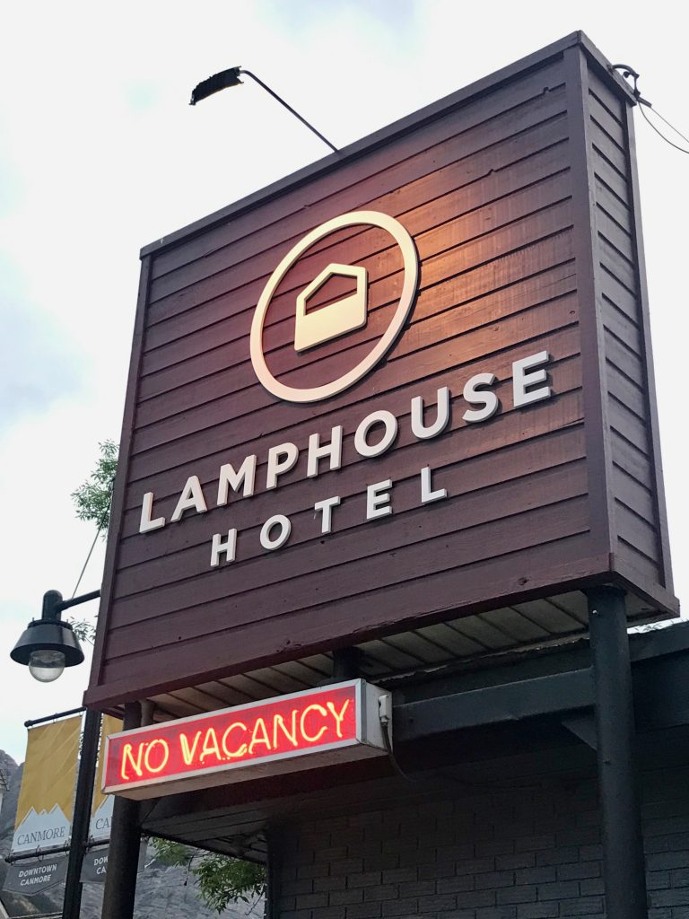 Lamphouse Hotel sign in Canmore, Alberta Canada 30 minutes outside of Banff