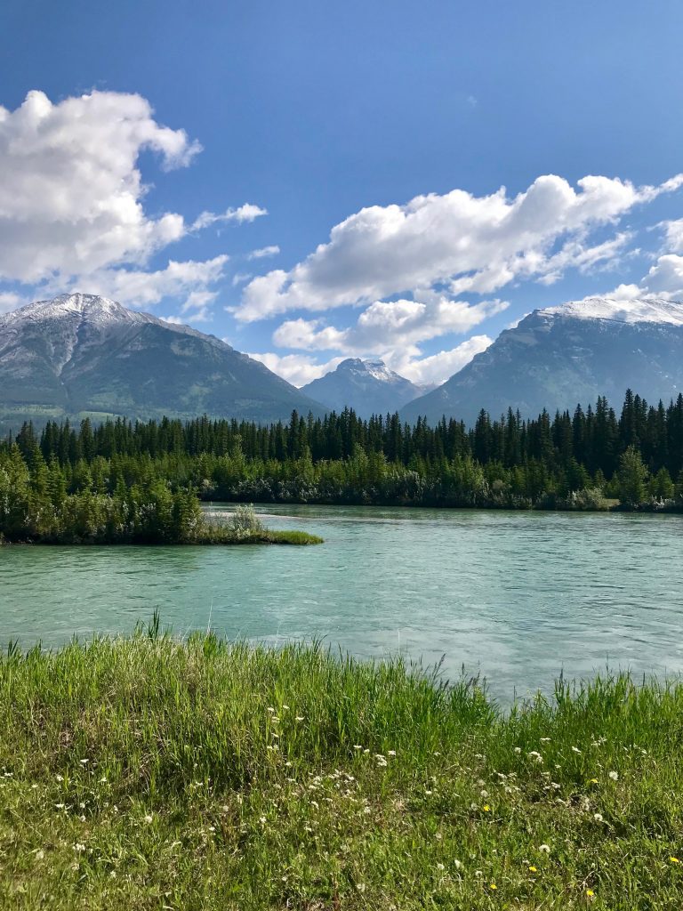 Mountains and 3 Sisters River in Canmore, Alberta