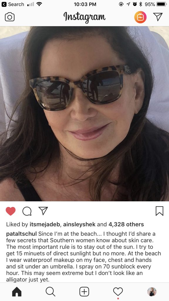 Patricia Altschul talking about sun protection on her instagram