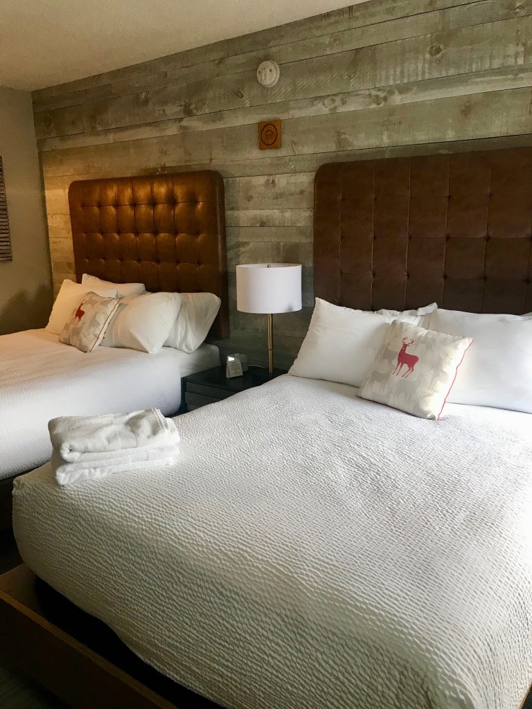 Room with 2 queen beds at the Lamphouse Hotel in Canmore, Alberta Canada