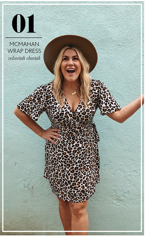 Heather McMahan wearing her Show Me Your Mumu McMahan Wrap Dress in Velveetah Cheetah