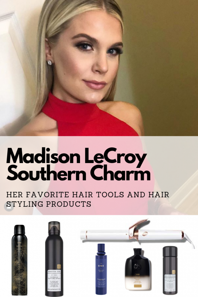 Madison LeCroy from Southern Charm's hair styling products and tools. She uses Oribe Dry Texturizing Spray, Kristin Ess Dry Finish Working Texture Spray, Kristin Ess Working Texture Loose Styling Powder, the T3 Twirl Single Pass Curling Iron, Oribe Gold Lust Repair & Restore Shampoo, and Frederic Fekkai The One Shampoo